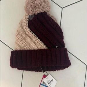 Burgundy and Pink Knit Pom-Pom Beanie